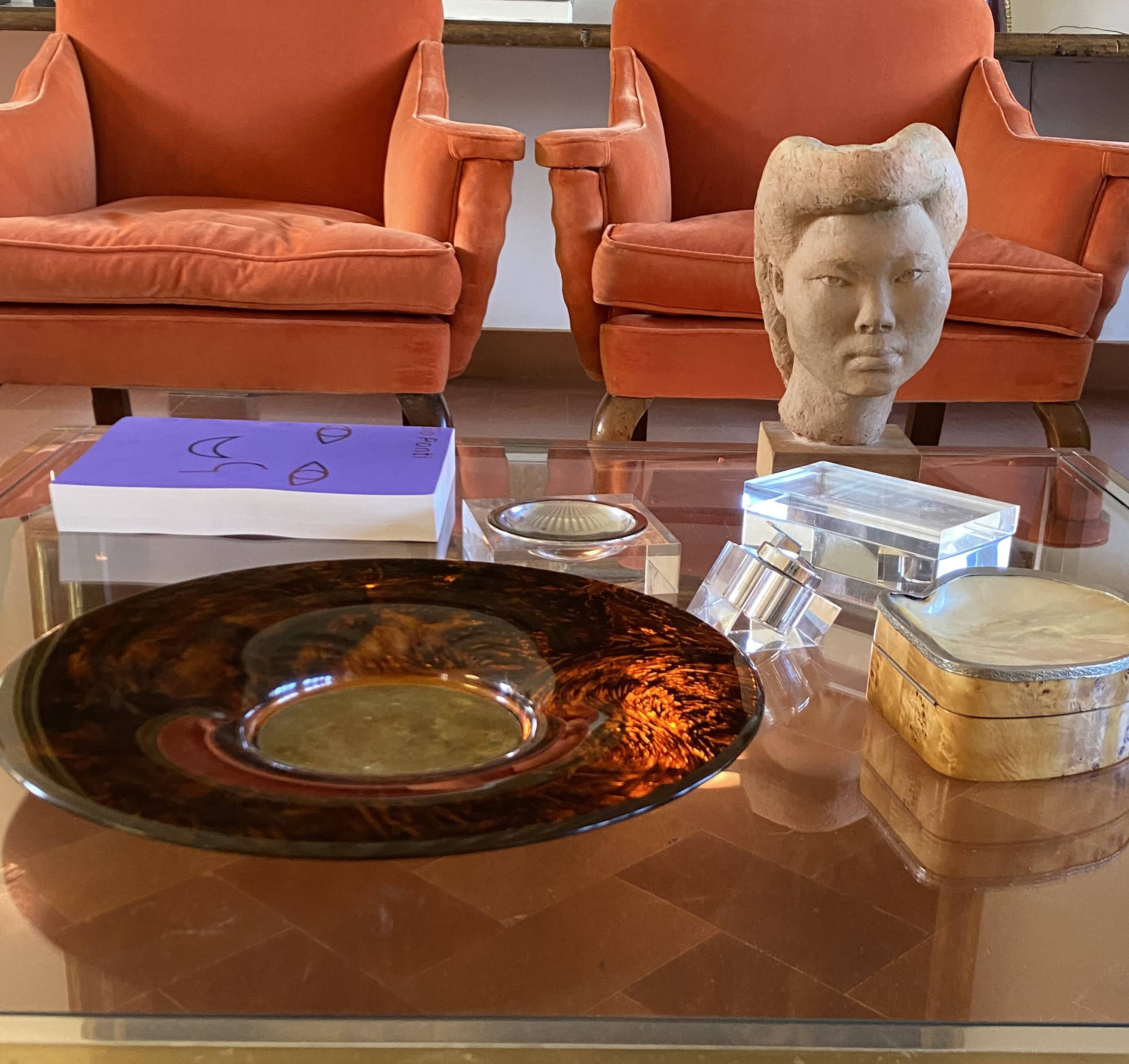 Hollywood regency brass and tortoiseshell lucite tray, Guzzini Italy 1970s