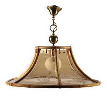 Suspension vintage des années 1980 en bambou et verre, Italie