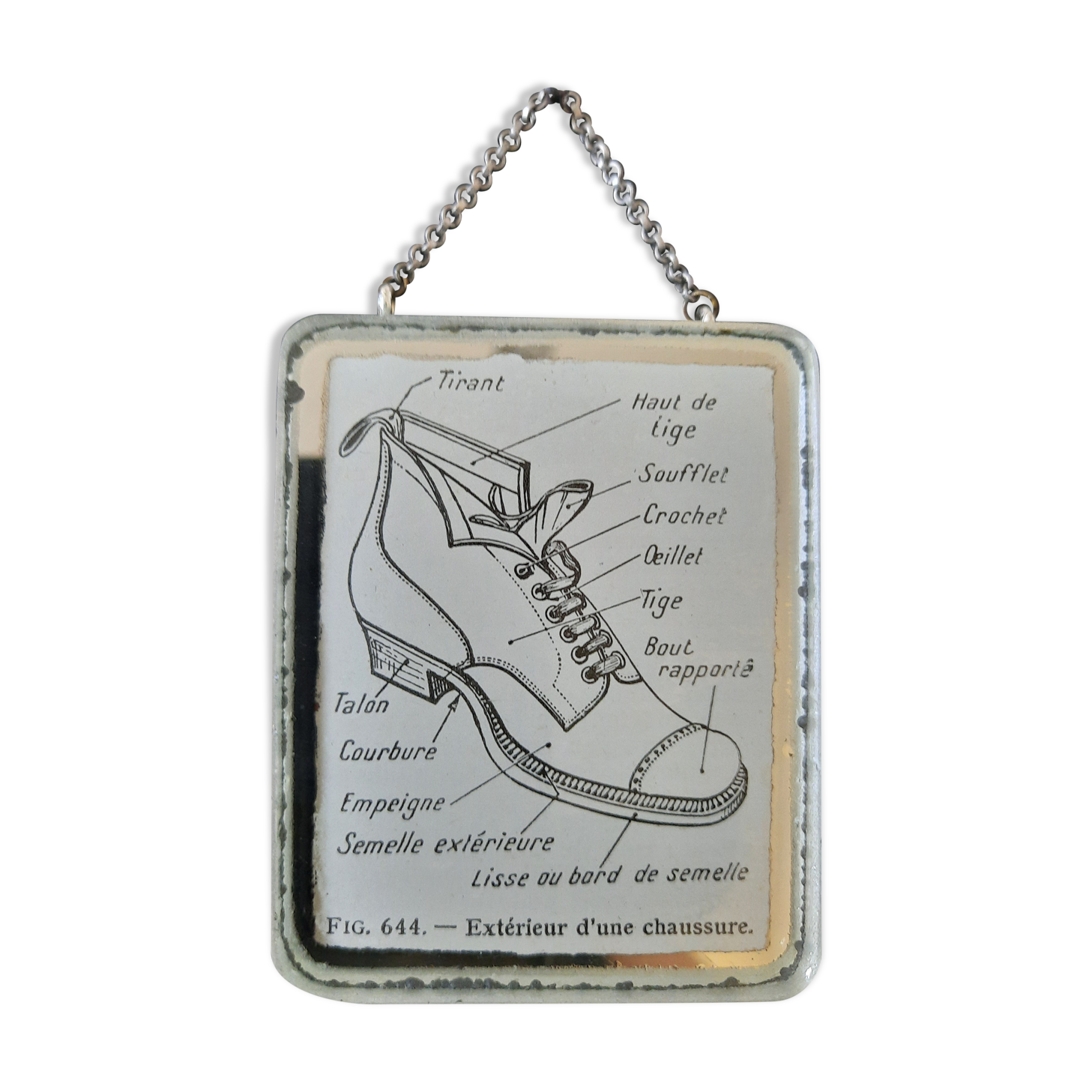 Old illustration "Exterior of a shoe" inserted under mirror