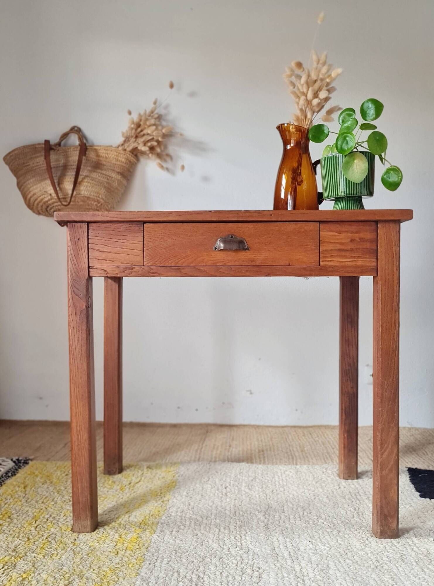 Solid wood table - vintage wooden desk with drawer