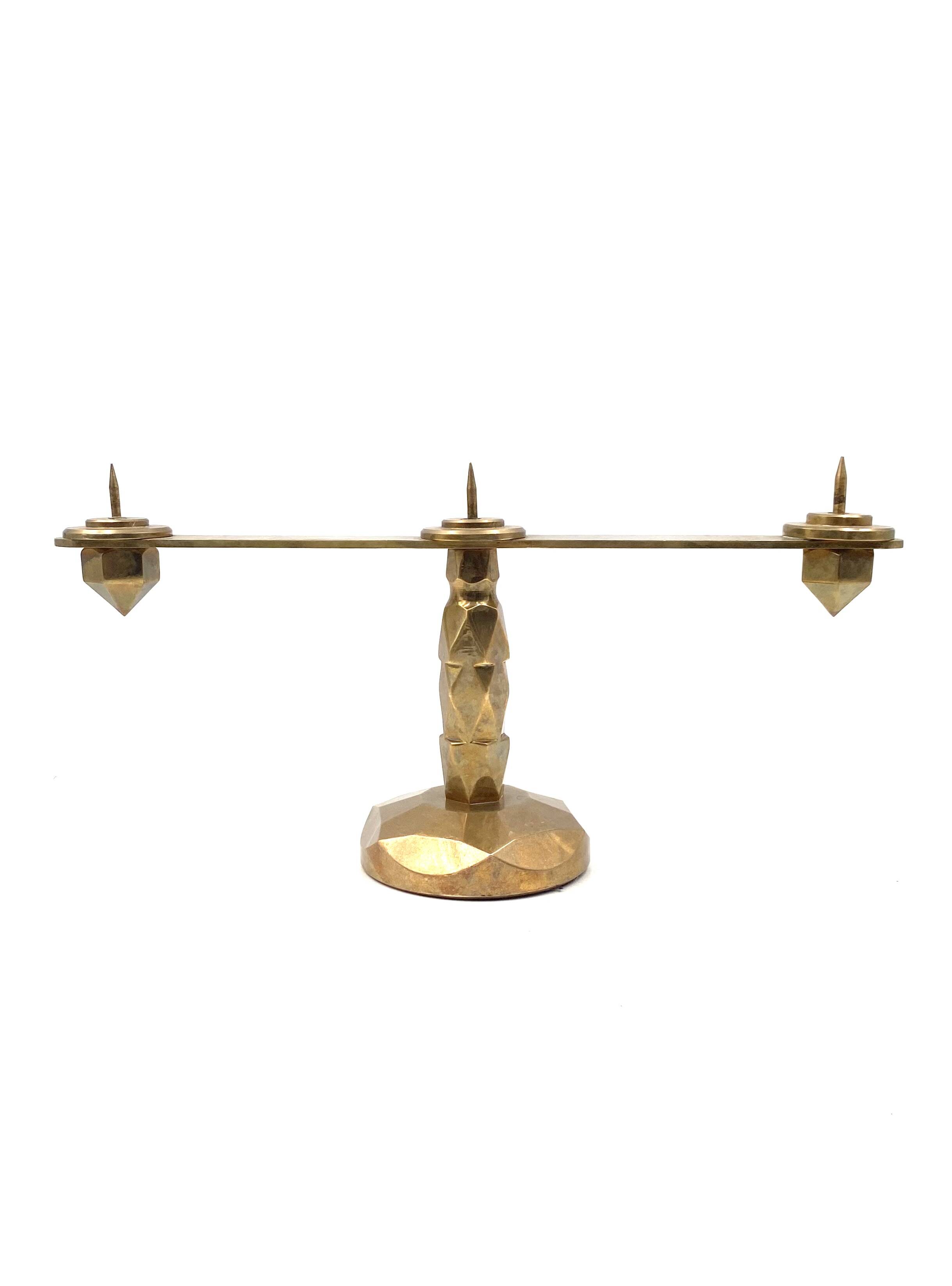 Brutalist brass pair of candle holders, France 1970