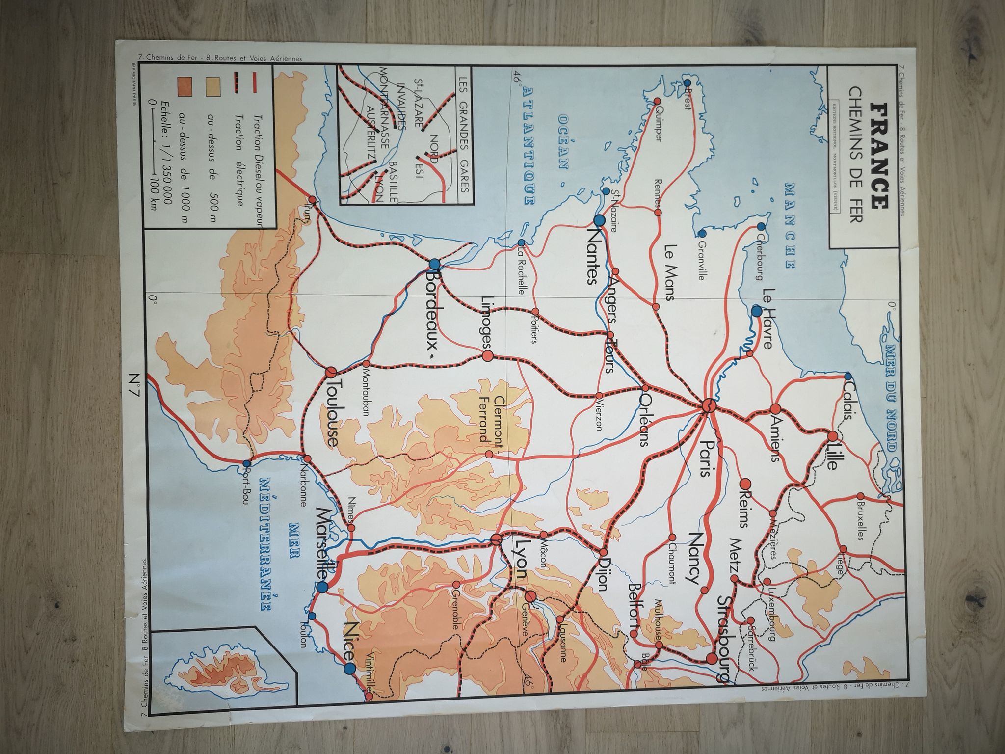 Rossignol school poster from the 50s map of France train railways planes