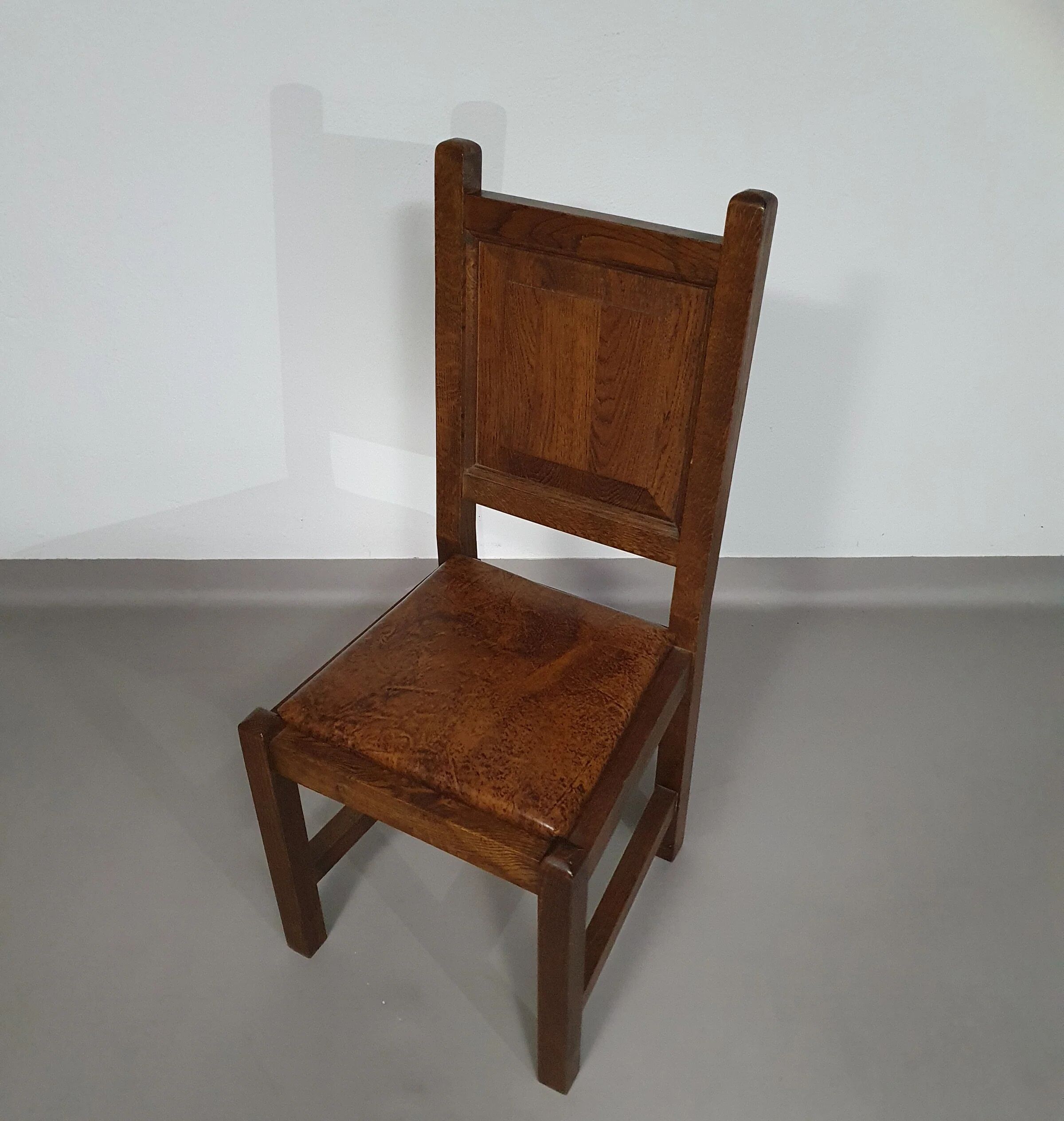 6 x Brutalist solid oak chairs mid century