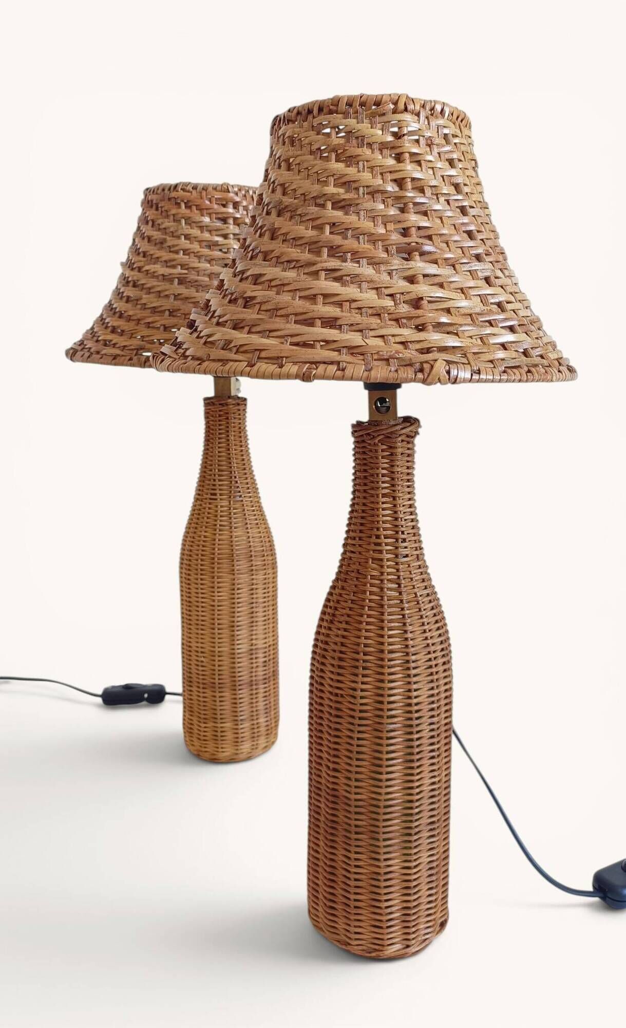 Pair of Table Lamps in Handwoven Wicker and Rattan, France, 1960s