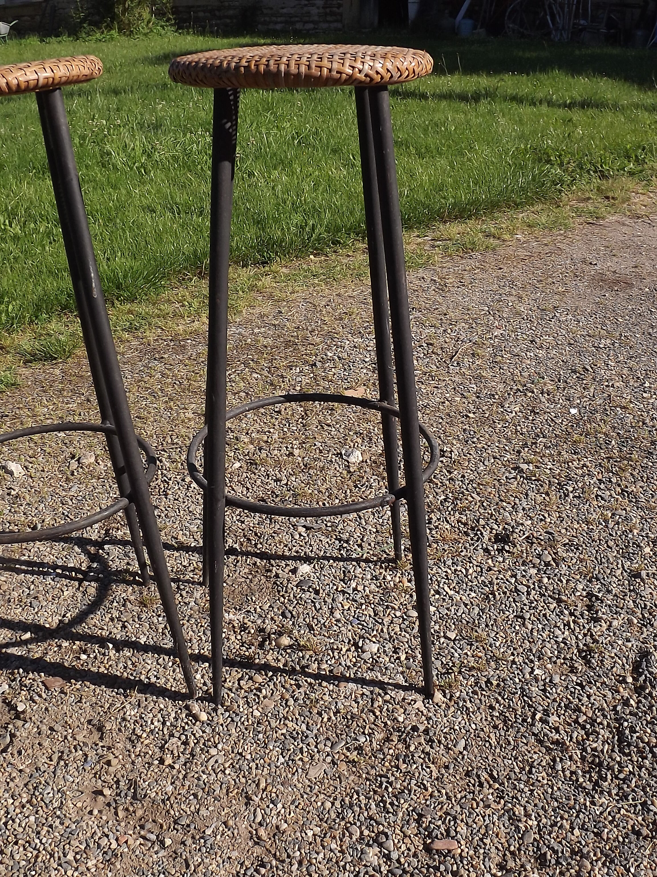 3 vintage stools iron and caning