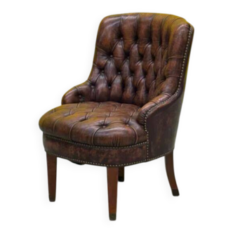 Original English Chesterfield Tub Chair - Vintage Antique Brown Leather