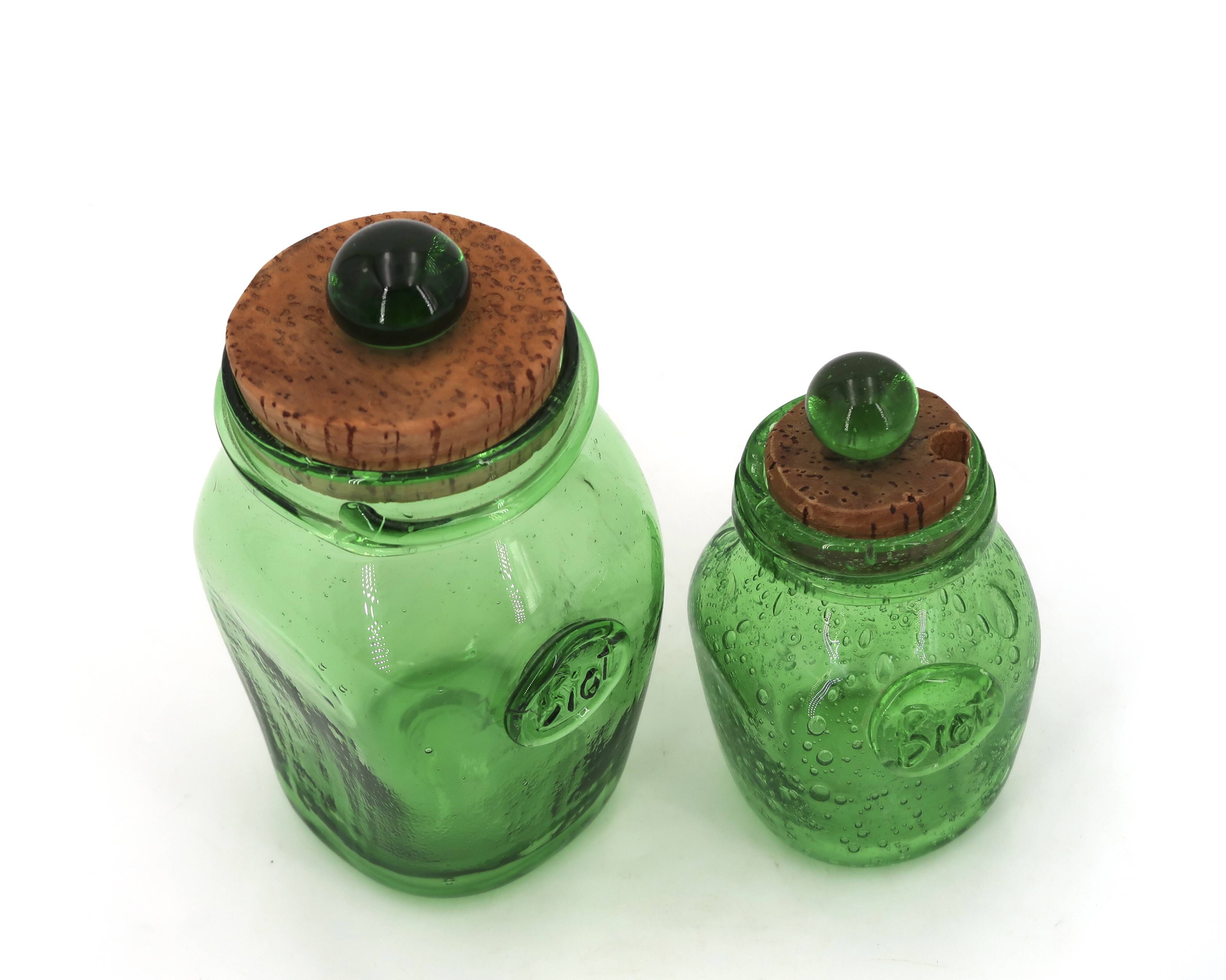 Two green bubble glass sweet jars from Biot, 1960s.