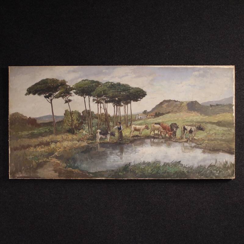 Bucolic landscape painting signed Giron from 20th century