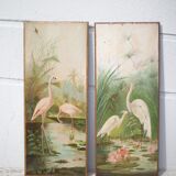 Pair of naturalistic painted wood panel signed Nancy 1900, Art Nouveau, pink flamingo bird, heron