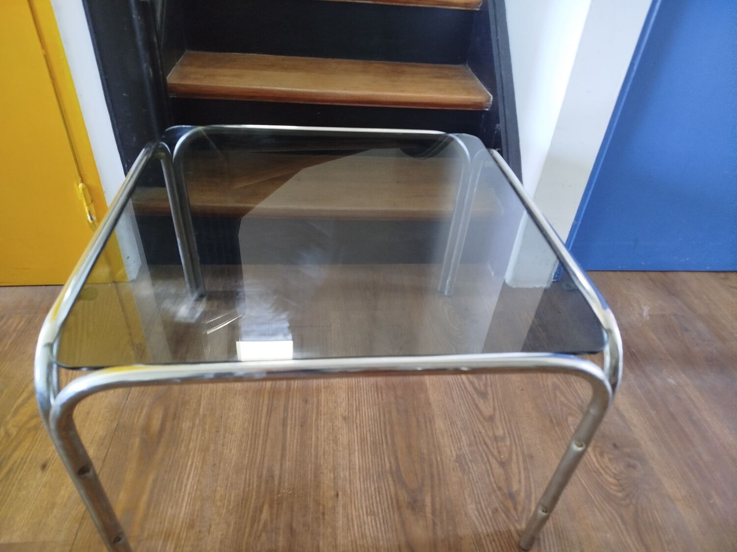 Italian design coffee table with chrome metal and smoked glass from the 1970s.