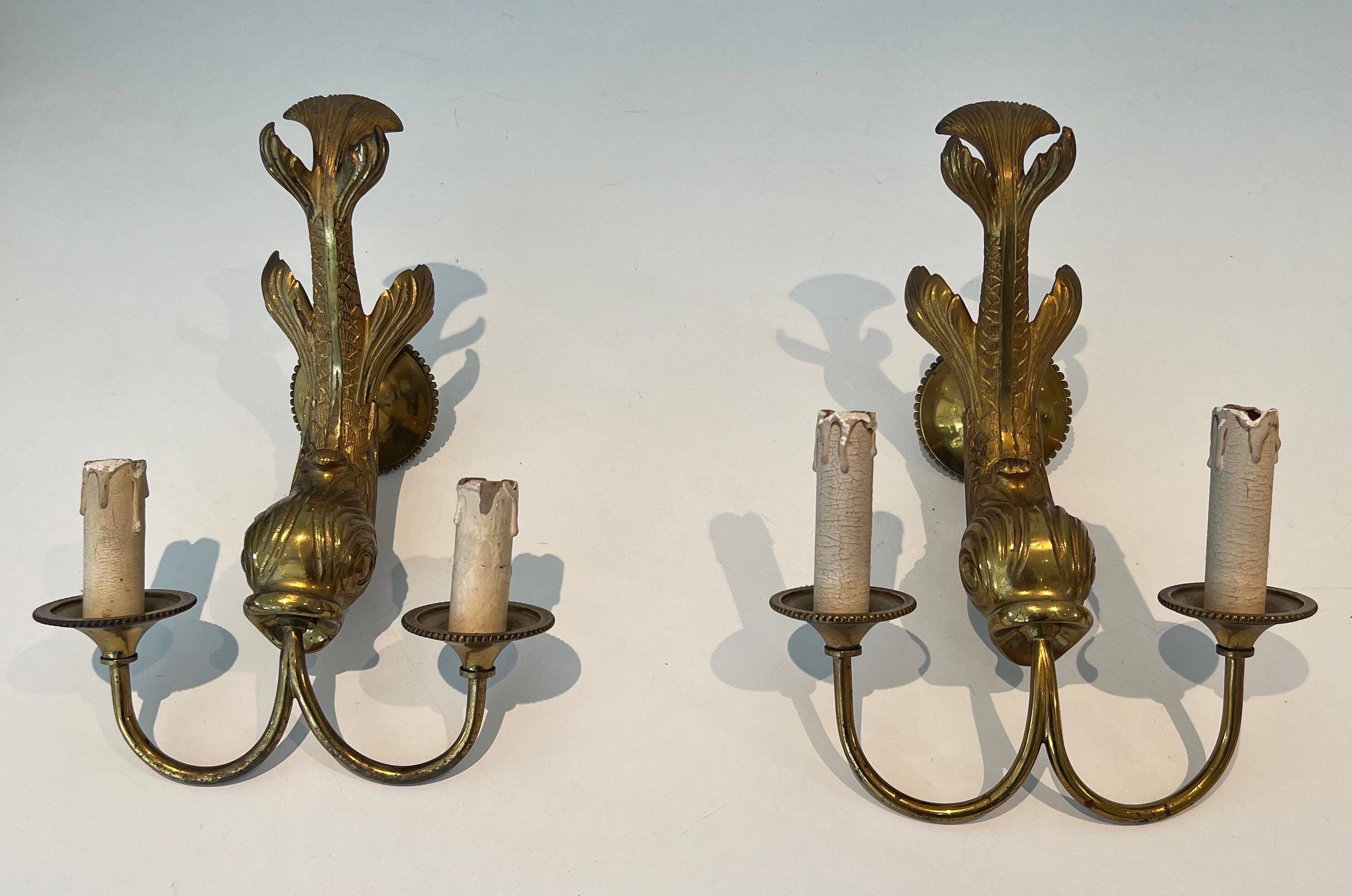 Pair of bronze wall sconces with dolphins by Maison Jansen