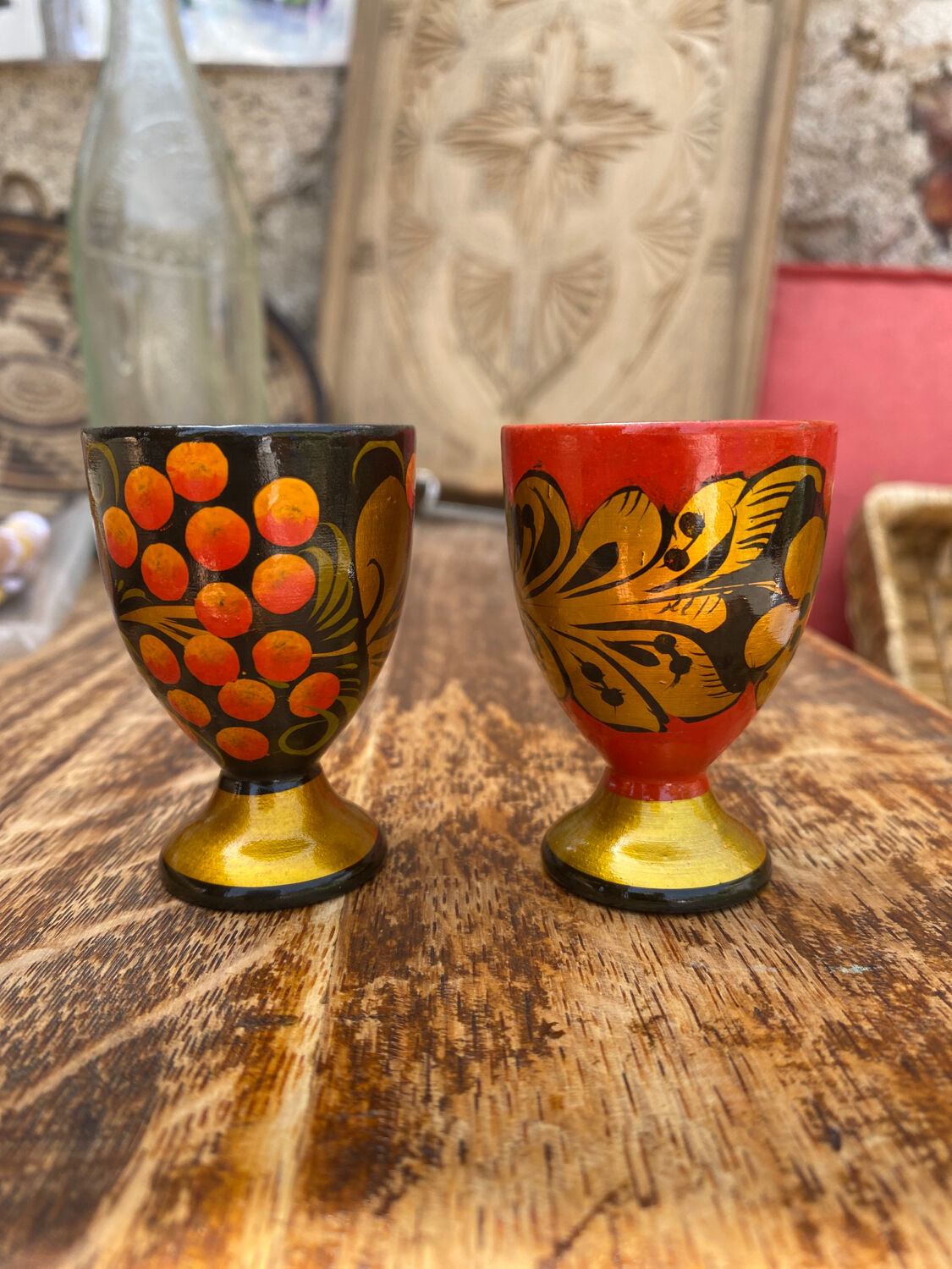 2 wooden egg cups Russian folklore