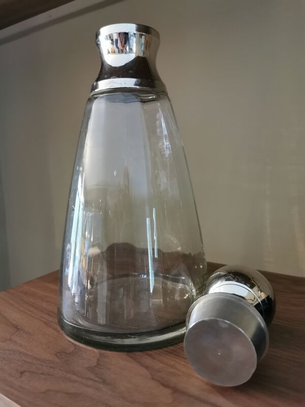 Carafe ancienne verre et métal argenté