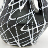 Black ceramic vase, white spaghetti patterns Vallauris France vintage 50s