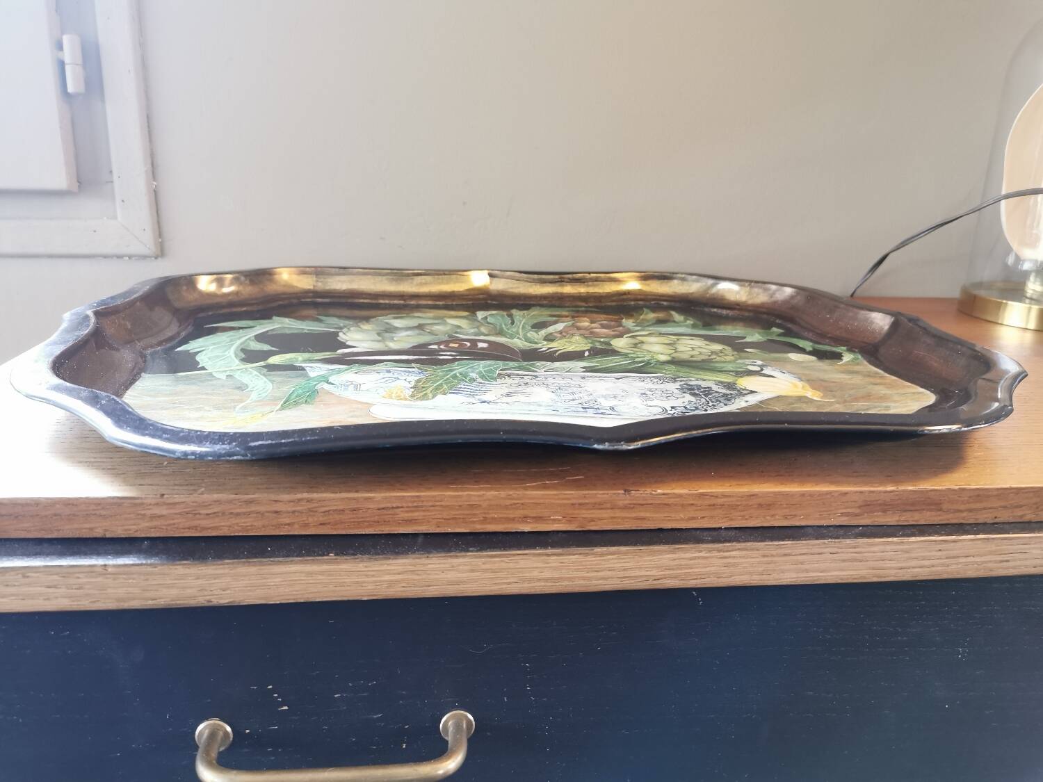 Vintage painted metal tray, still life