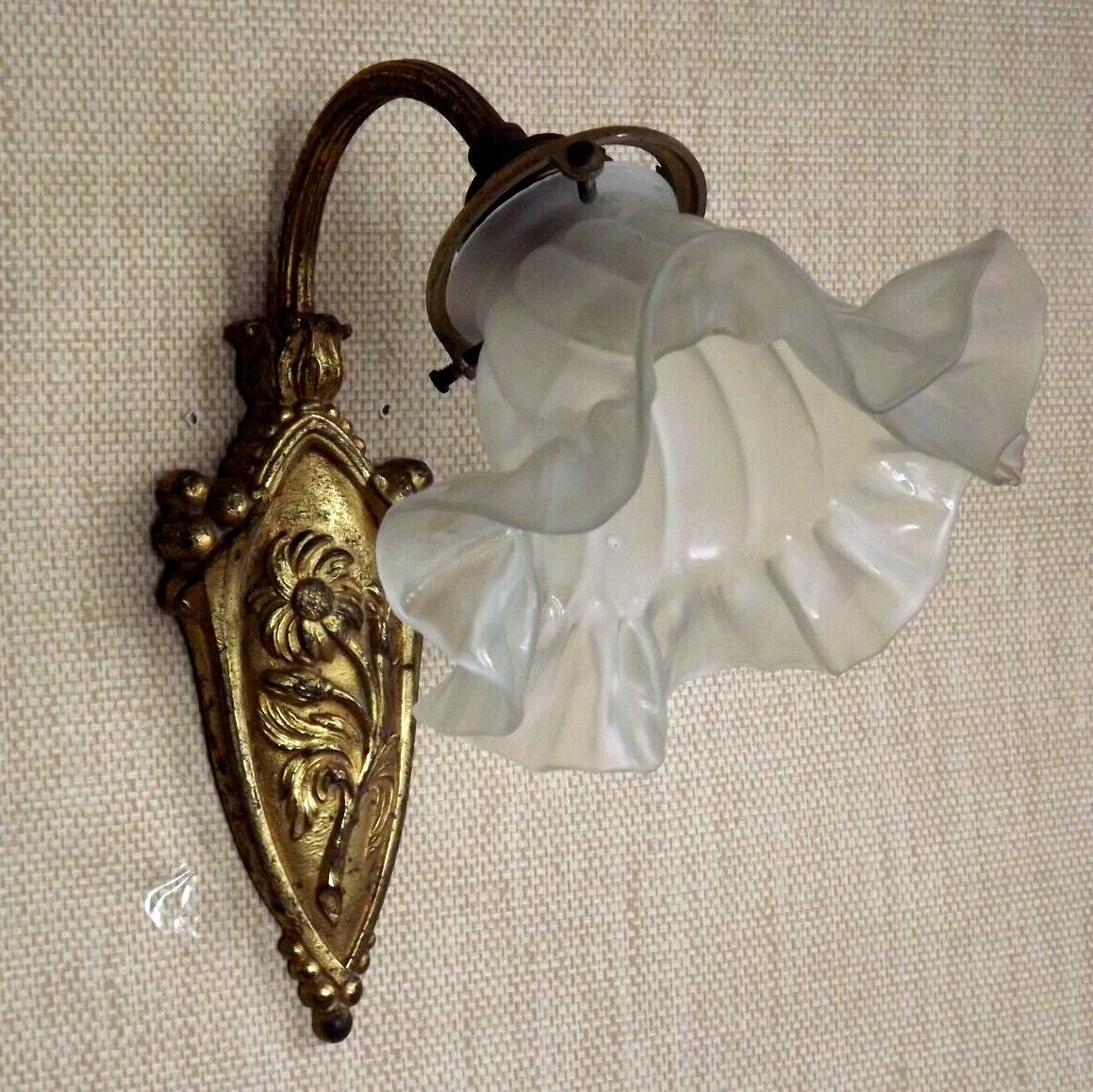 French art nouveau bronze wall light white frilled patterned glass shade 4213