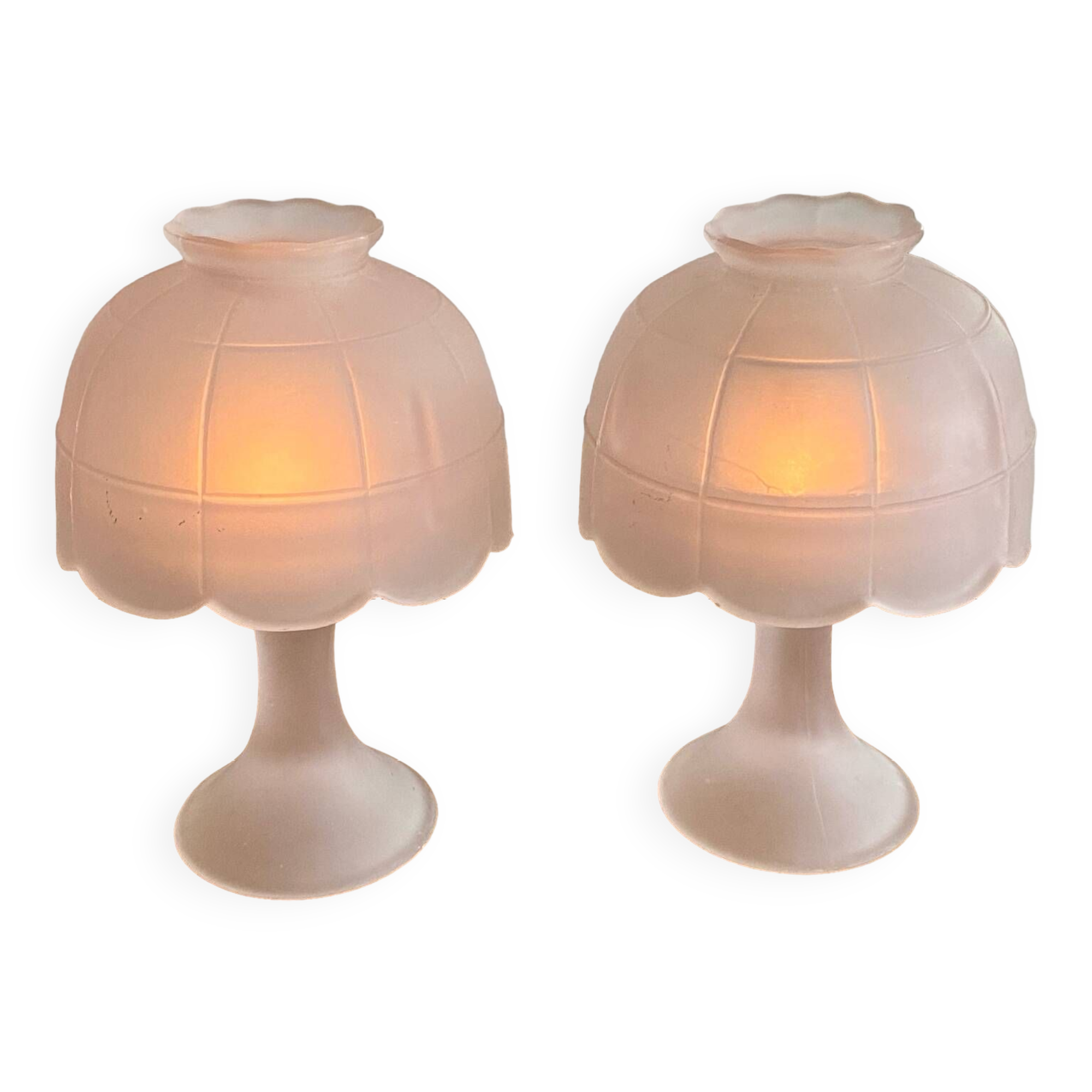 Pair of vintage Westmoreland high tealight candle holders in frosted pink satin