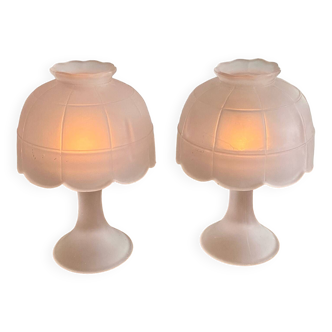 Pair of vintage Westmoreland high tealight candle holders in frosted pink satin
