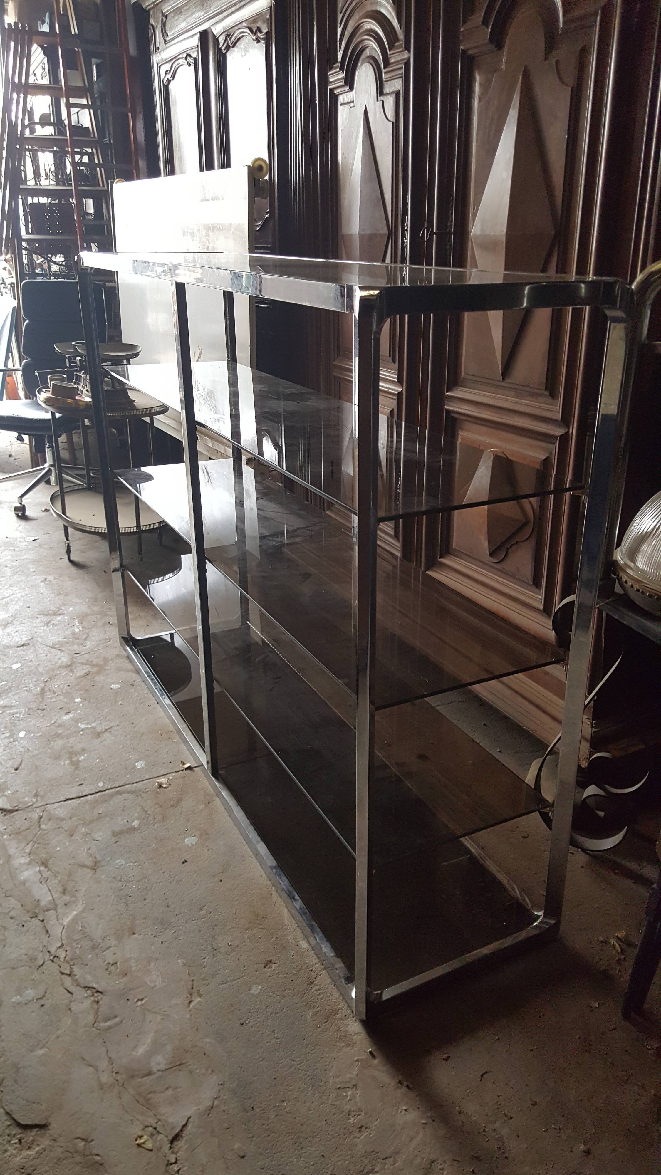 Large double shelf in chrome and smoked glass, 1970s, by Fratelli