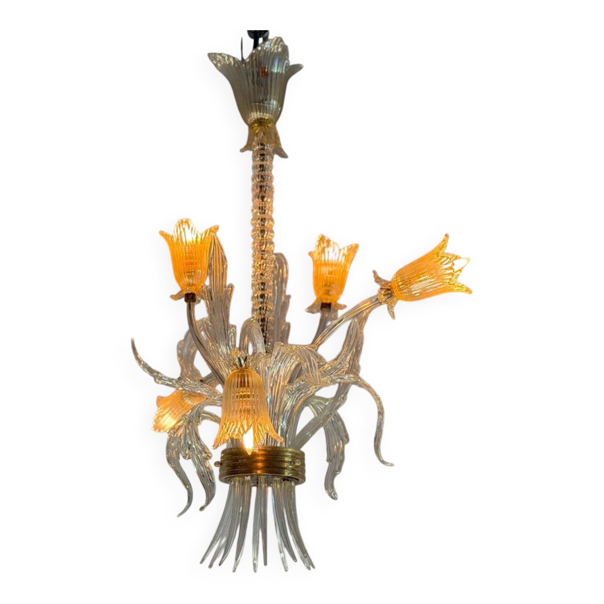 Asymmetrical Venetian chandelier in colourless and gold Murano glass, circa 1980.