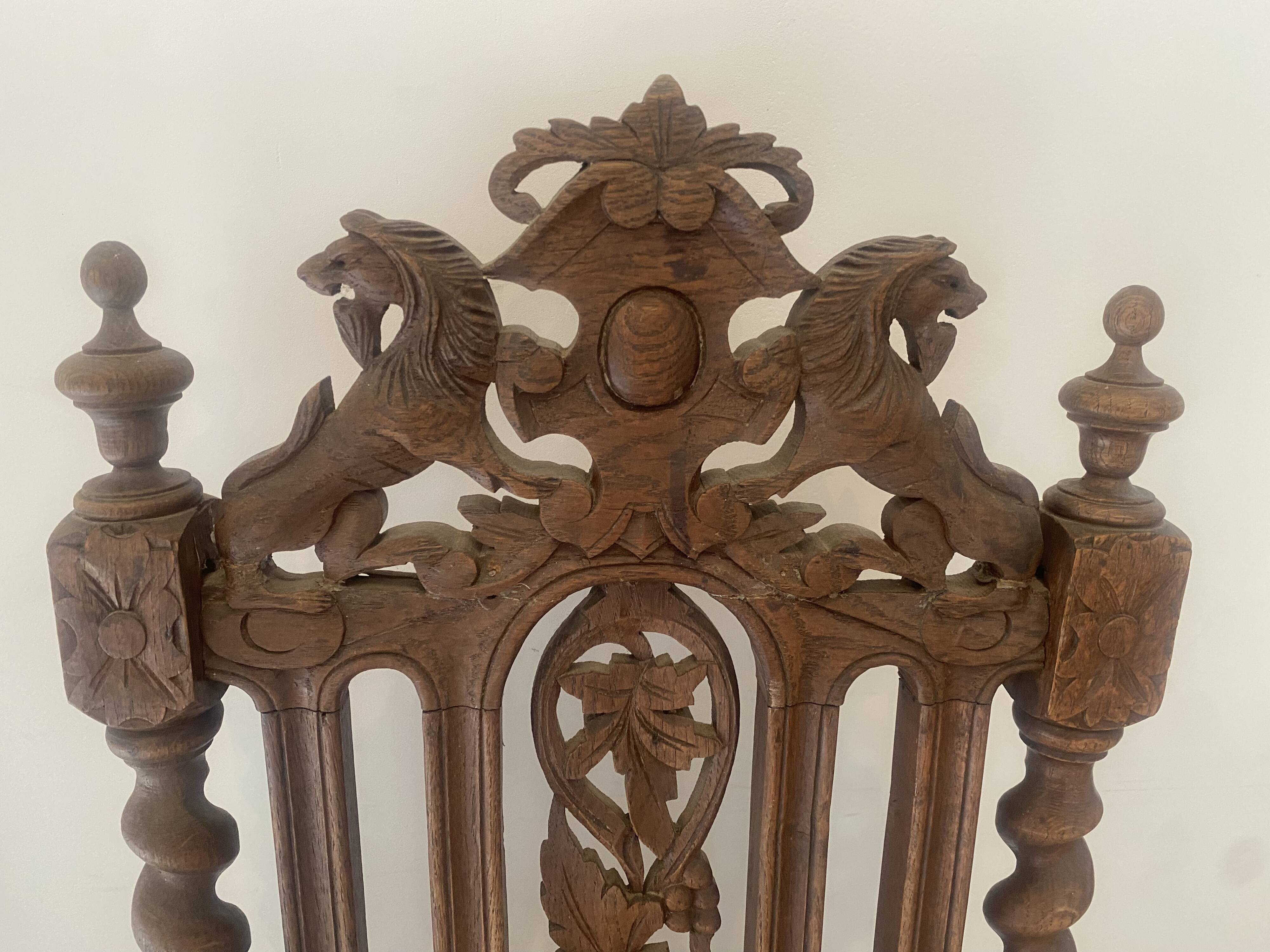 Pair of 2 Henri II neo-renaissance carved lion head chairs