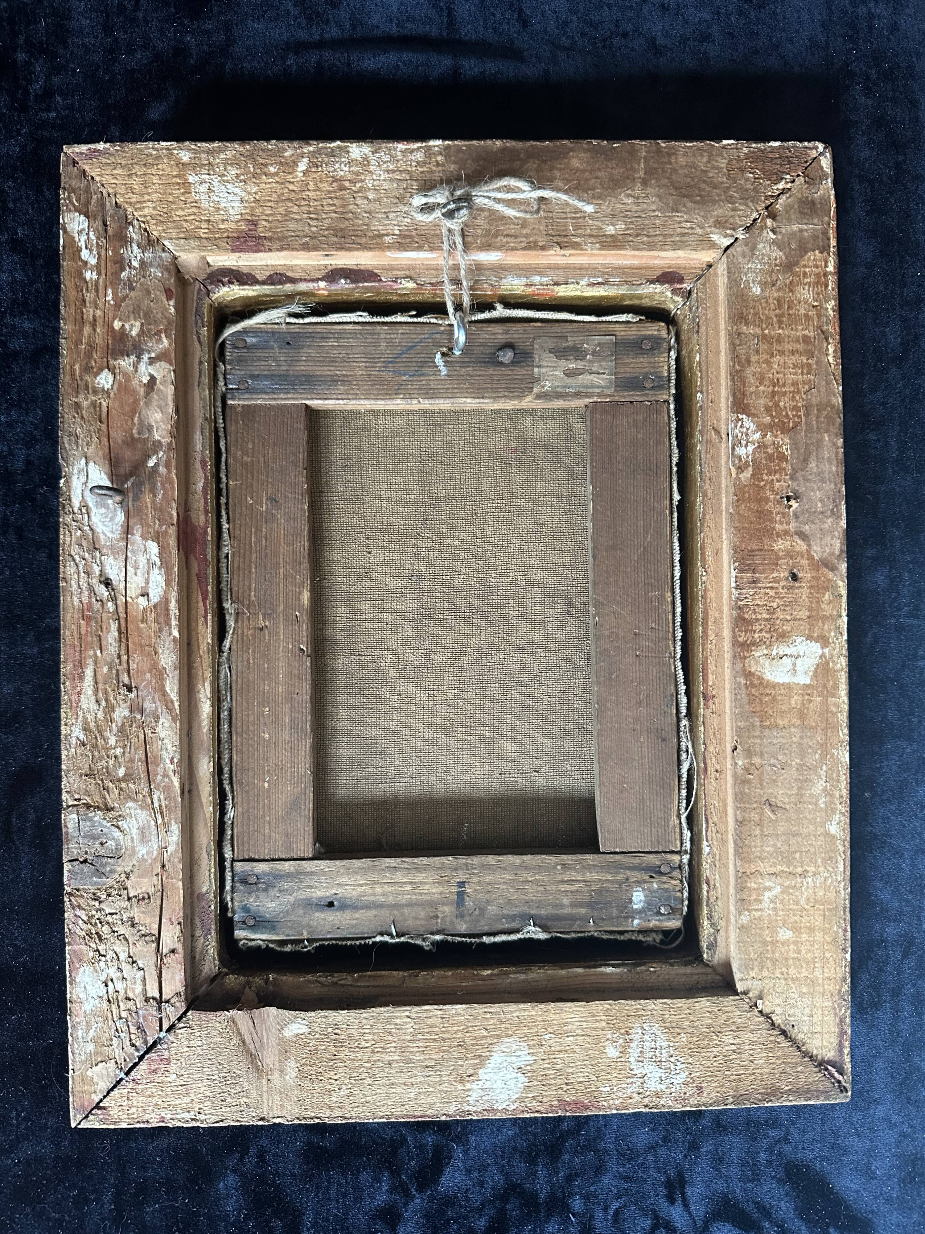 Tableau ancien fleurs signé avec cadre en bois et stuc doré, XIXe