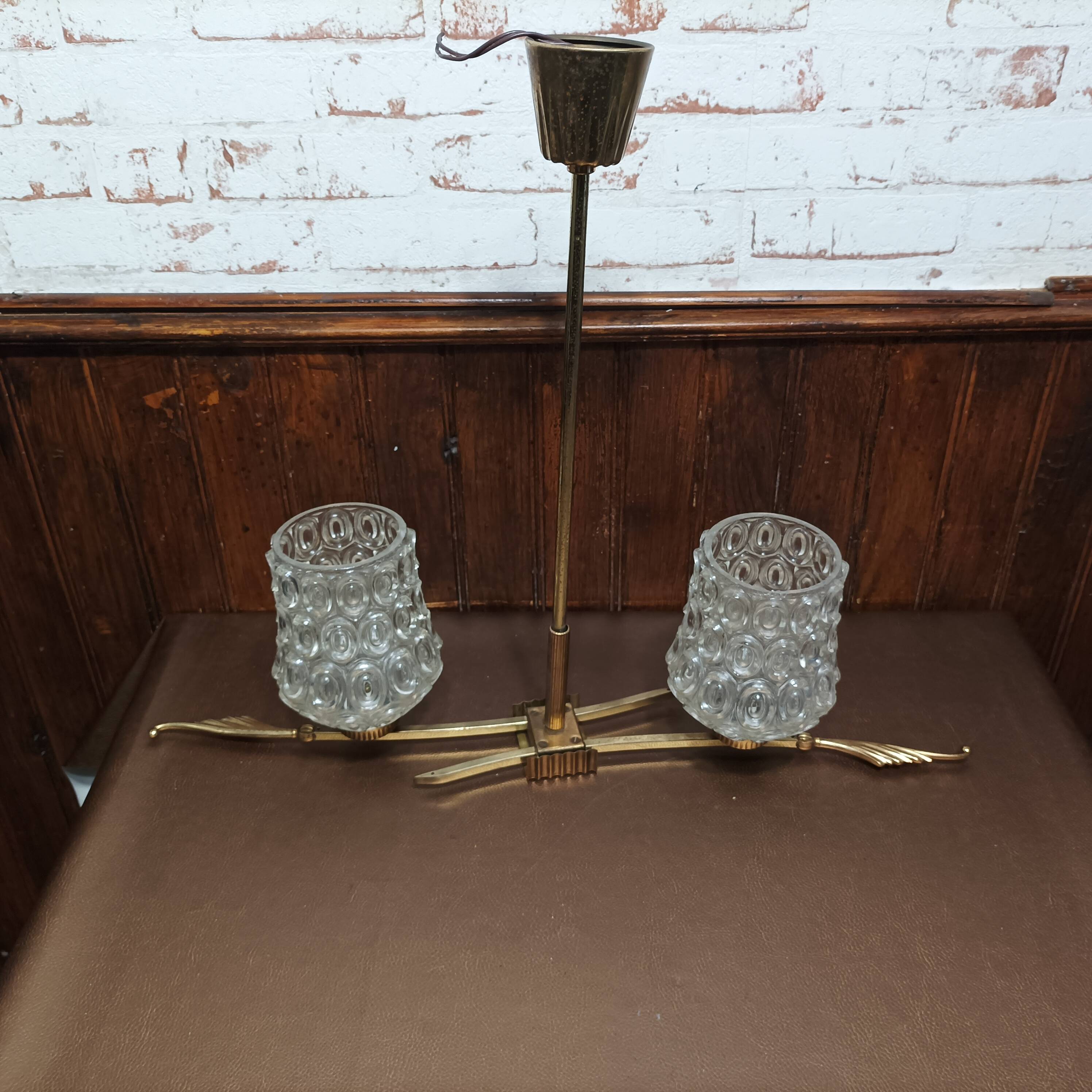 Vintage 1960s glass and brass chandelier from the 50s - 2 branches