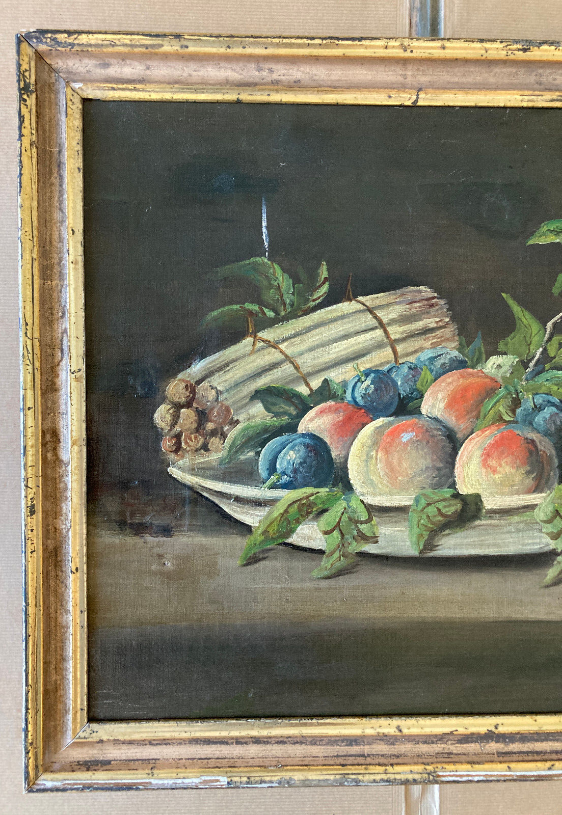 Old painting - dead natrue: fruit platter and asparagus - nineteenth - golden frame