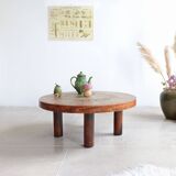 Round coffee table in wood and ceramic by Roger Capron, herbier/garrigue model, 60s/70s
