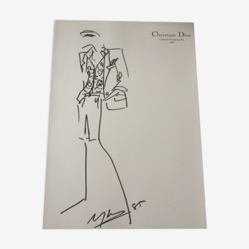 Croquis de mode vintage de presse en noir et blanc Christian Dior,