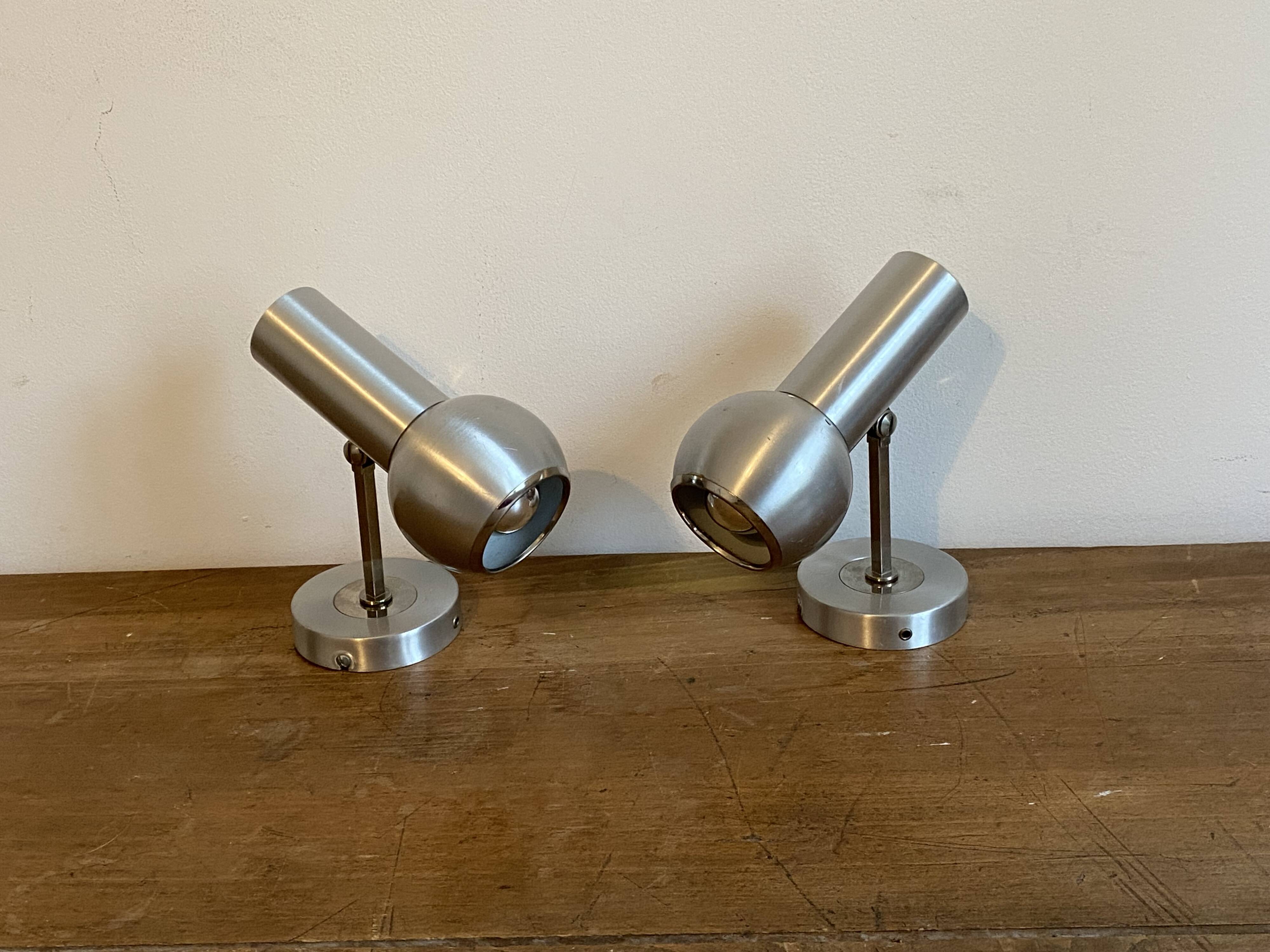 Pair of Eye Ball wall lights. 1970. Brushed stainless steel.
