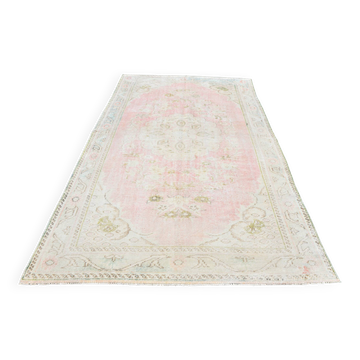 Tapis vintage turc en laine fait main, rose blush atténué, Oushak, 186x290 cm