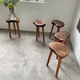 Set of 5 olive tree tripod stools from the 50s