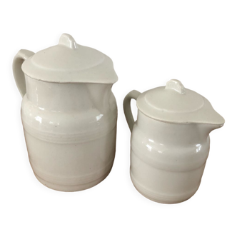 Vintage white Grigny fire porcelain coffee maker and milk jug