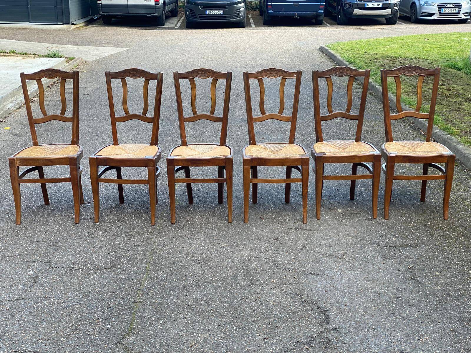 6 vintage solid oak wood dining room chairs with art deco straw