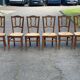 6 vintage solid oak wood dining room chairs with art deco straw