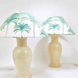 Pair of Tommaso Barbi Riviera palm tree table lamps from the 1970s with matching cushions.