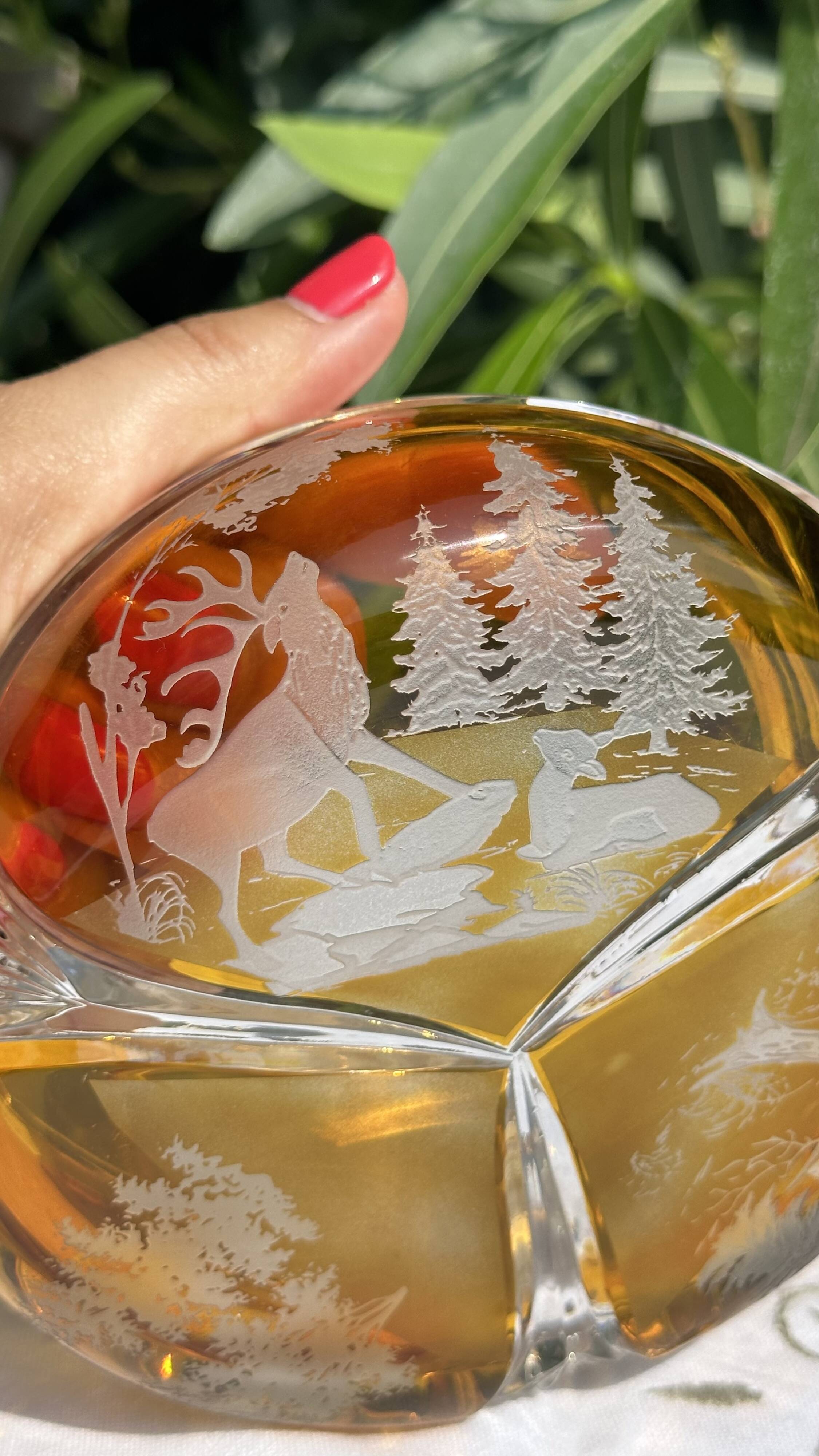 Magnificent Vintage Bohemian Ashtray in Cut Crystal of Yellow Orange