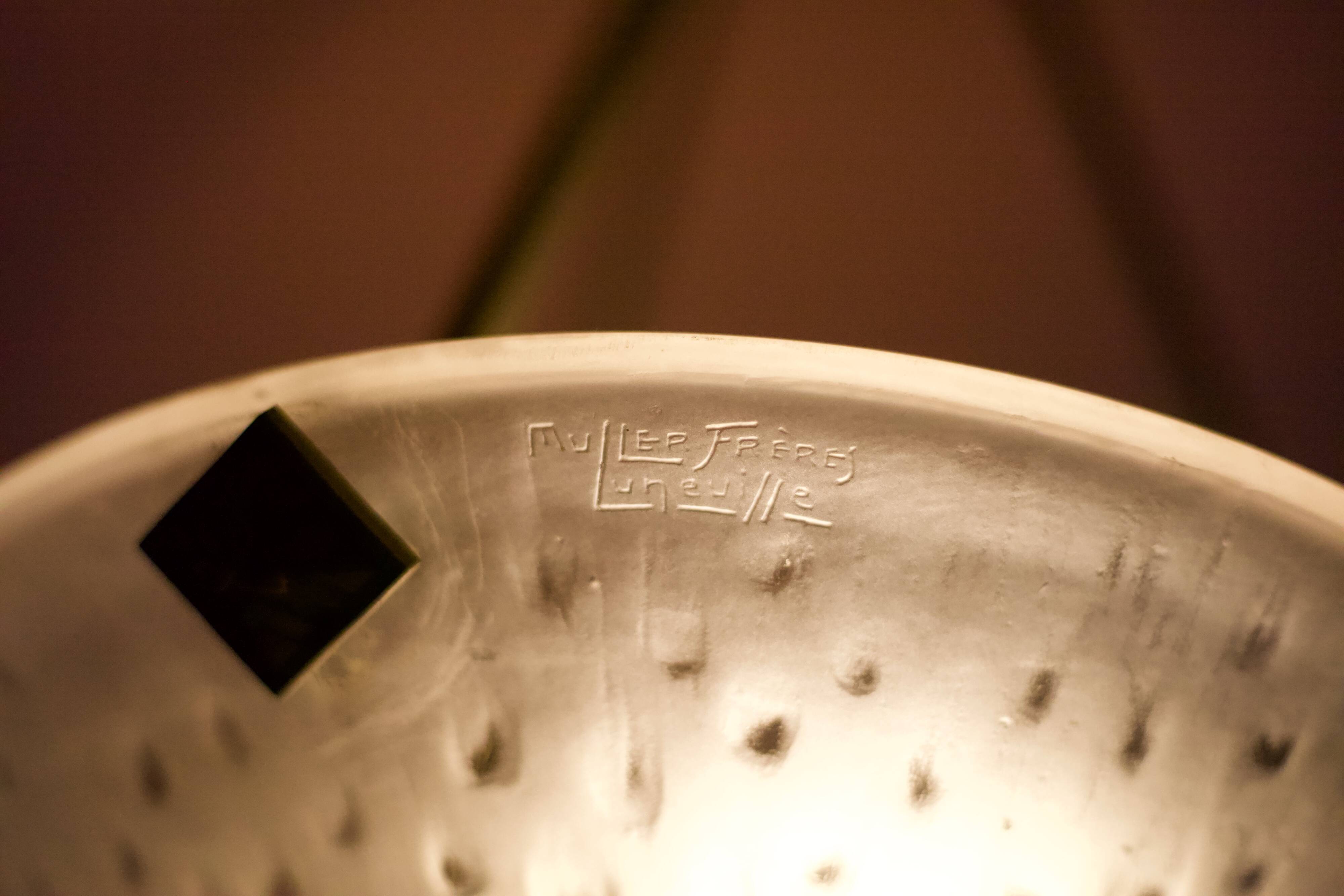 Chandelier signed Muller Frères Lunéville, Art Deco suspension, nickel-plated bronze chandelier, ceiling lamp,