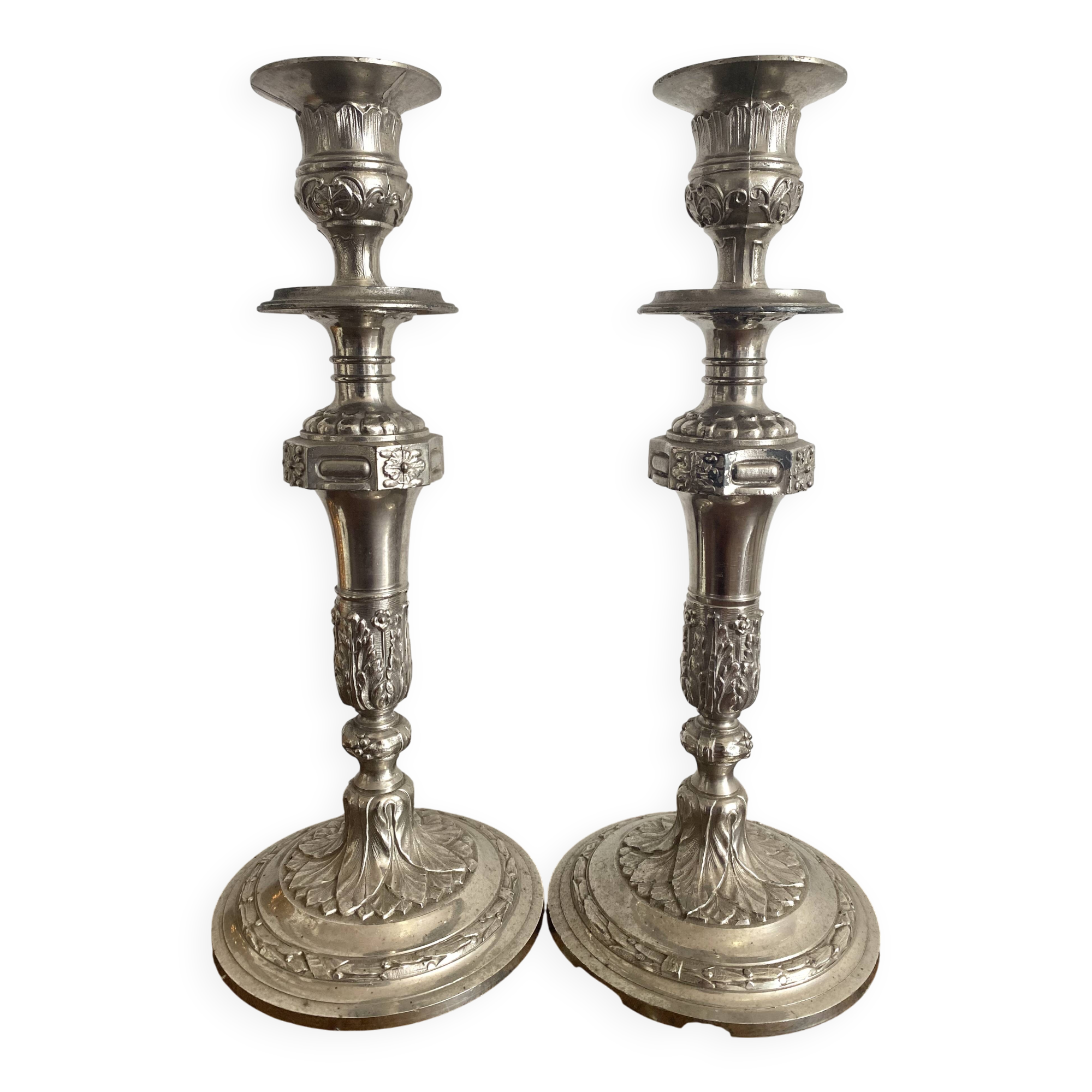 Antique silver-plated metal candlesticks