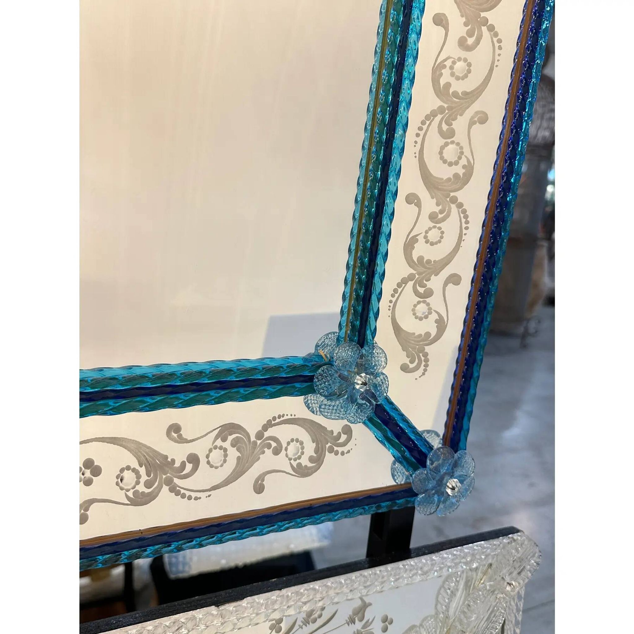 Stylish Modern Venetian Blue Mirror with Hand-Carved Murano Glass Frame