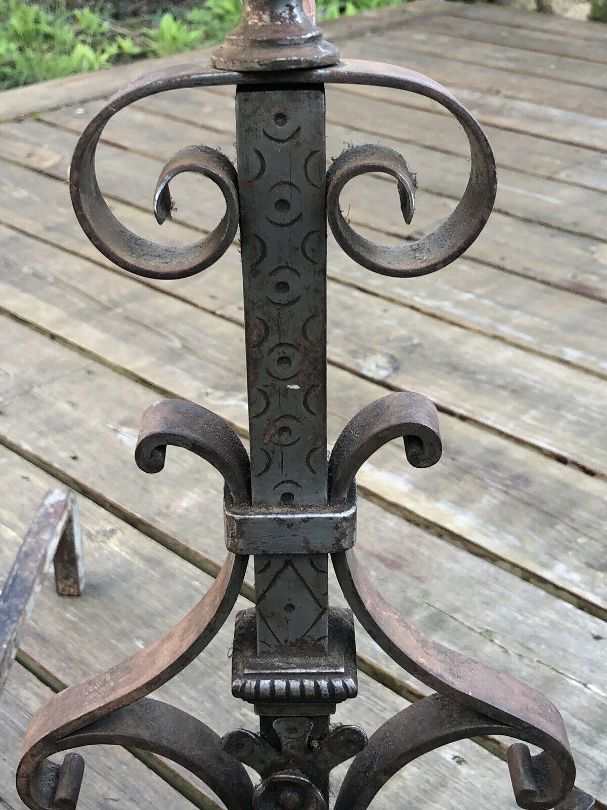 Pair of neo-gothic chenets, art ironwork, with shovel and pliers