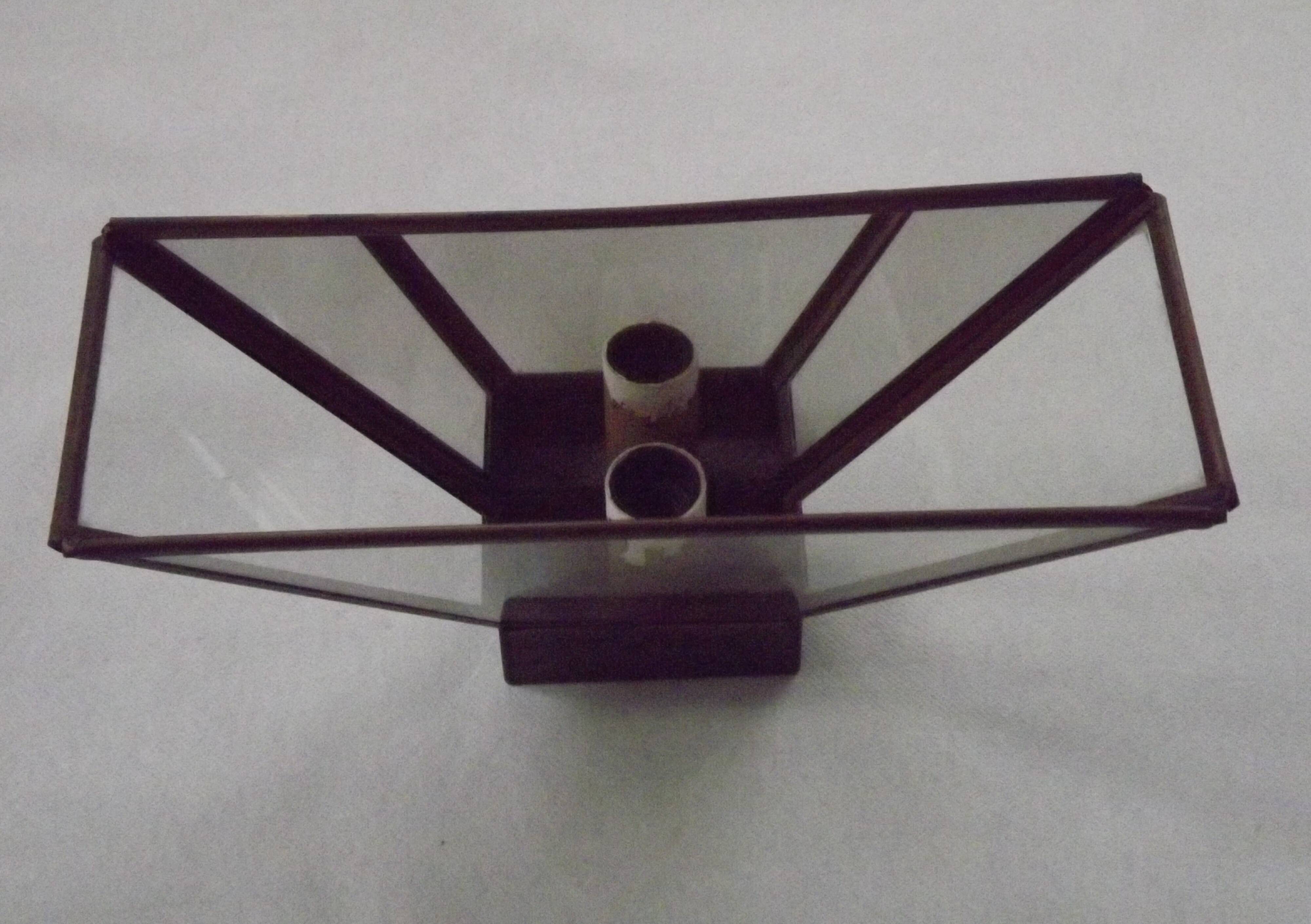 Matching Pair French Mid Century Copper & Glass Single Mirrored Wall Lights 5138