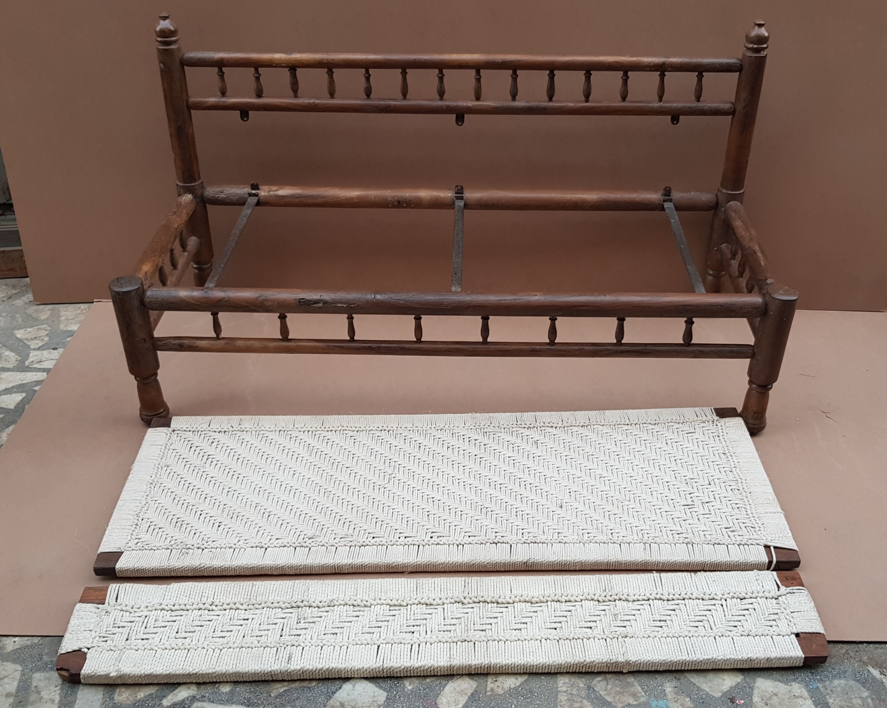 Natural burmese teak sofa and braided cotton seat & backsplash