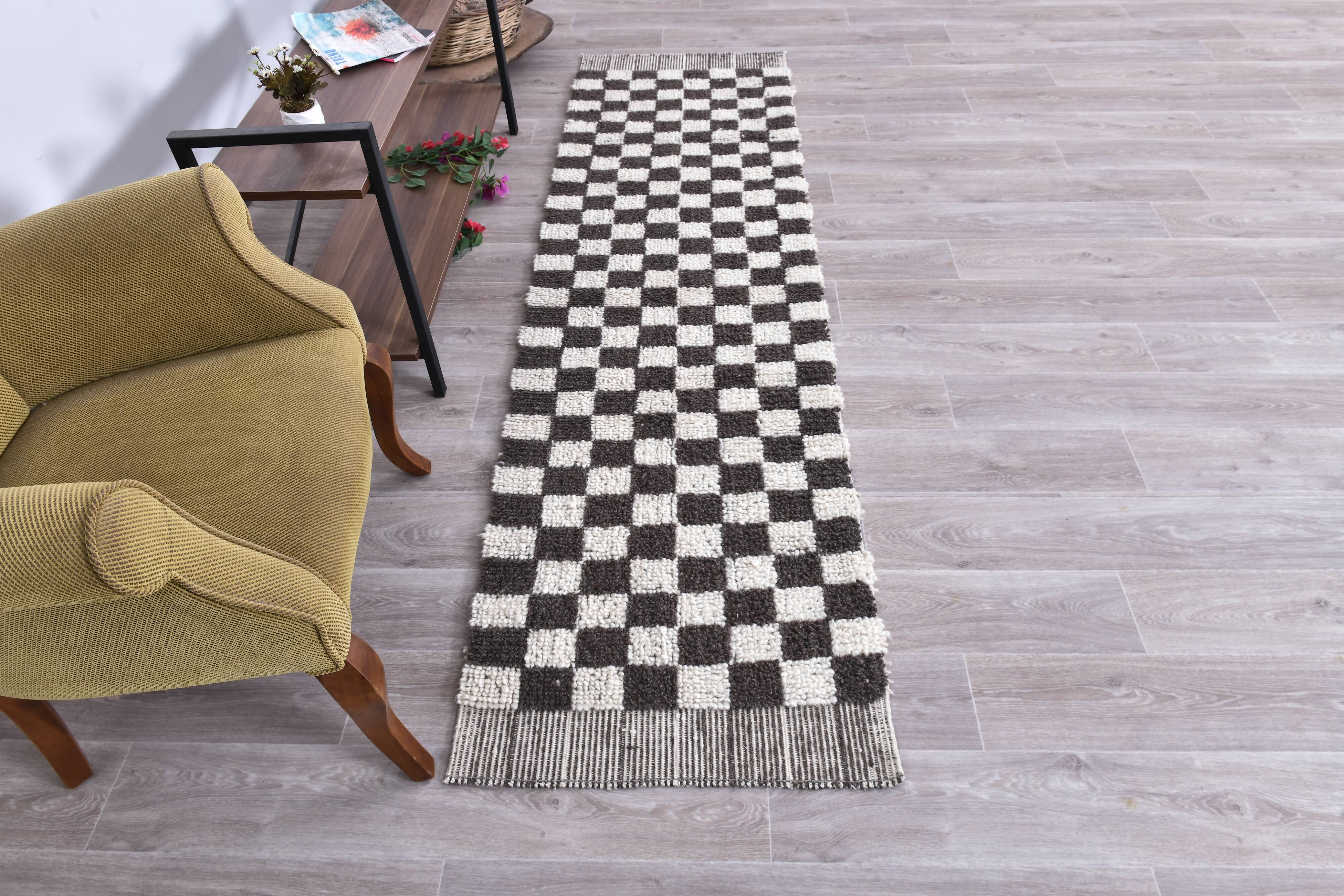 Brown White Vintage Runner Rug 69x249Cm SK 241394