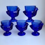Set of 5 shells model hens in glass color royal blue 70s
