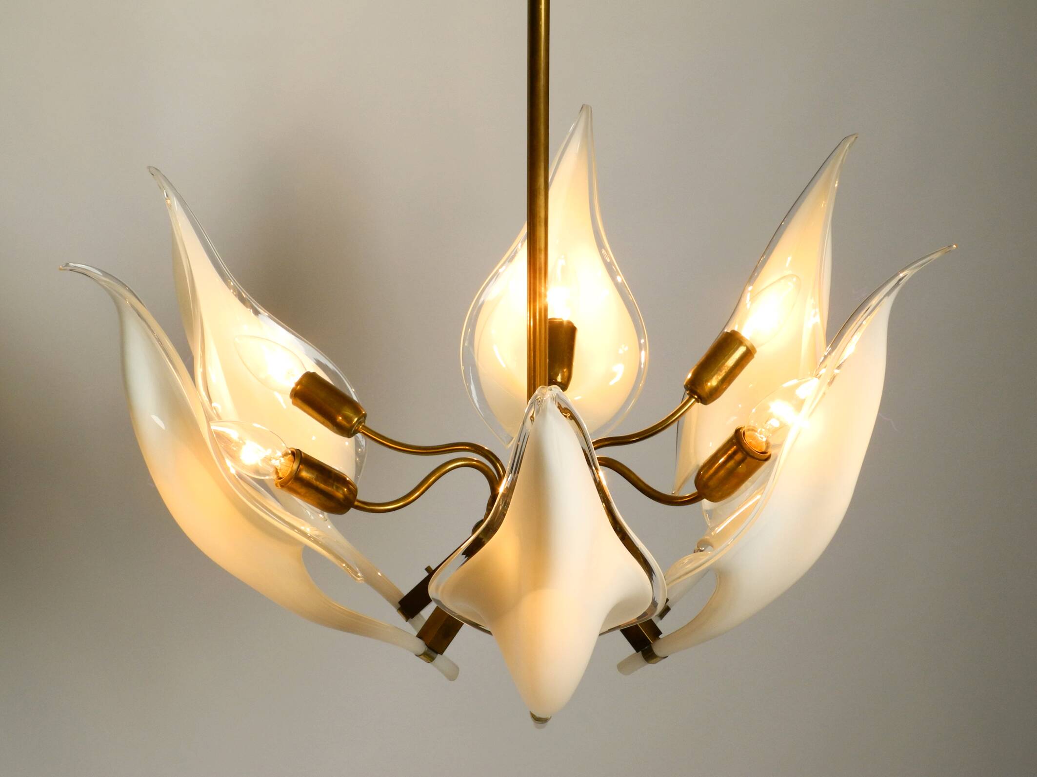 50s brass chandelier with white and transparent Murano glasses Franco Luce