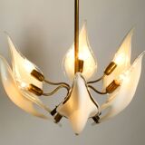 50s brass chandelier with white and transparent Murano glasses Franco Luce