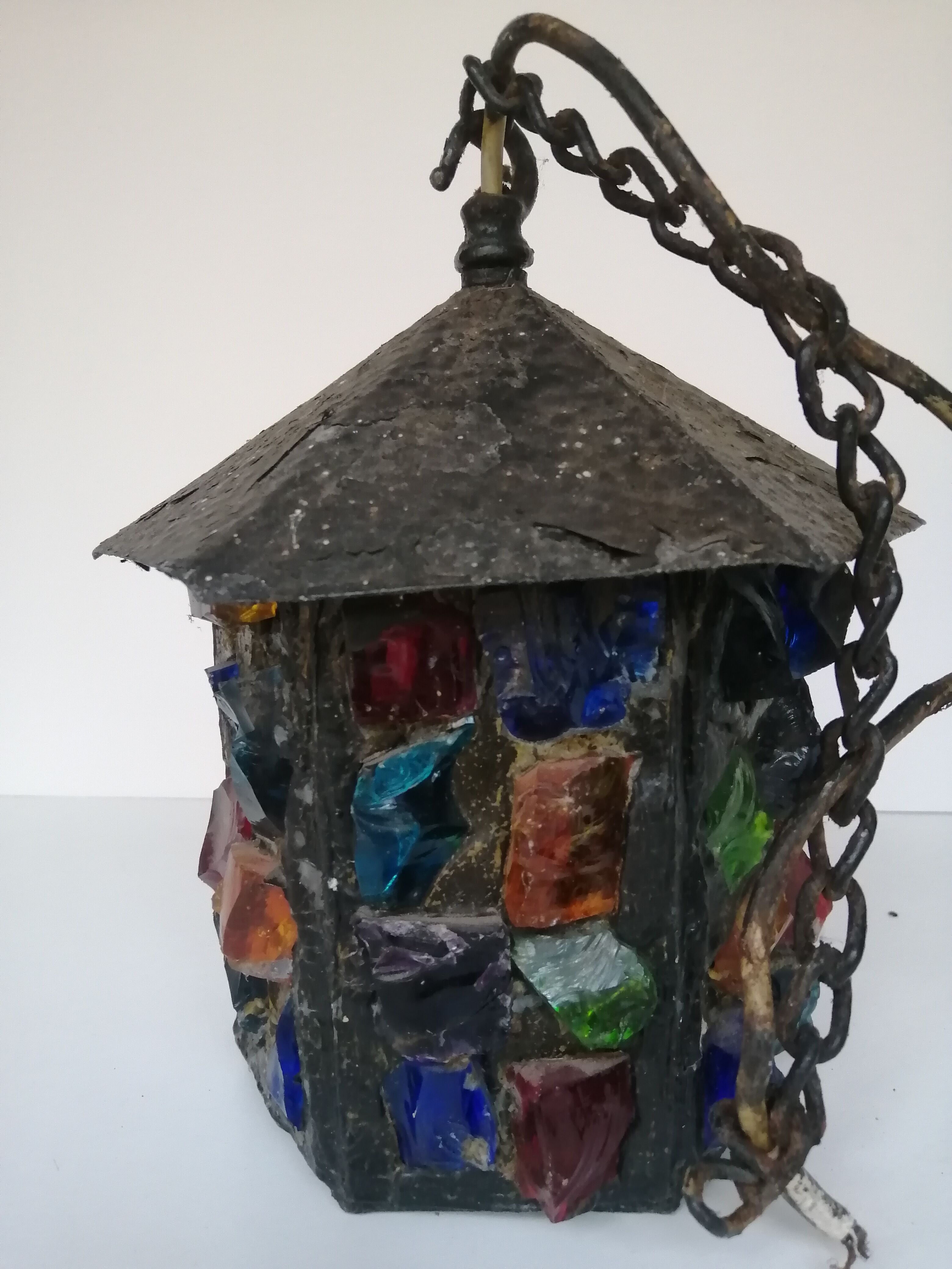 Peter Marsh porch lantern, colored glass, lead and Hammered Sheet metal, 1950s Arts & Crafts