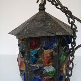 Peter Marsh porch lantern, colored glass, lead and Hammered Sheet metal, 1950s Arts & Crafts